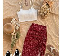 Set da 2 pezzi da donna taglie forti: Canotta in maglia texture bordeaux e gonna svasata con coulisse e stampa a cuori bordeaux, outfit da vacanza Alta 4XL,Alta 3XL,Alta 2XL,Alta 1XL,Alto 0XLNatale,Ge