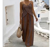 Set da 2 pezzi da donna taglie forti con canotta a righe con scollo a V profondo, design incrociato simmetrico sul davanti e schiena scoperta & pantaloni lunghi a righe a gamba dritta e ampia, outfit