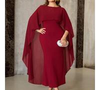 Set da 2 pezzi da donna taglie forti, elegante e sexy, composto da un vestito lungo aderente con spalline sottili e uno scialle rosso semi-trasparente di nuova moda 0XL,1XL,2XL,3XL,4XLColore unicoChif