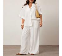 Set da 2 pezzi da donna taglie forti in lino bianco - Camicia a maniche corte con colletto a revers e pantaloni a vita alta a gamba ampia coordinati 0XL,1XL,2XL,3XL,4XL,5XLColore unicoTessuto intrecci