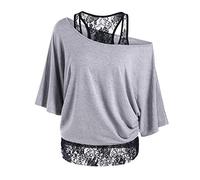 Set da 2 pezzi da donna, taglie forti, top a pipistrello con spalle scoperte con canotta in pizzo, camicetta in chiffon, maniche corte, camicie estive casual, 1A grigio, 4XL