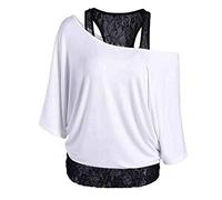 Set da 2 pezzi da donna, taglie forti, top a pipistrello con spalle scoperte con canotta in pizzo, camicetta in chiffon, maniche corte, camicie estive casual, 1A bianco, XL