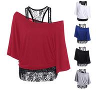 Set da 2 pezzi da donna, taglie forti, top a pipistrello con spalle scoperte con canotta in pizzo, camicetta in chiffon, maniche corte, camicie estive casual, 1a-rosso, L
