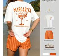 Set da 2 pezzi da donna, top a maniche corte morbido, pantaloncini comodi e morbidi, motivo a righe arancioni, motivo cocktail, best seller estivo L,M,S,XLLettere,A strisce,Prodotti alimentari e bevan