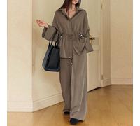 Set da 2 pezzi da donna: top canotta ampio con design elegante marrone per Capodanno e Natale, con trafori, cut-out e nodo a torsione, cardigan lungo e pantaloni casual a gamba dritta L,M,SColore unic