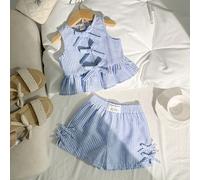 Set da 2 pezzi da ragazza neonata, top senza maniche con scollo rotondo e fiocco, shorts, completo casual semplice e confortevole 6-9M,9-12M,12-18M,18-24M,2-3YA strisceTessuto