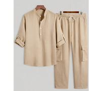 Set da 2 pezzi da uomo casual con camicia a maniche lunghe con collo a piedino, abbottonatura a mezza allacciatura, polsini, design ampio e sottile in tinta unita, e pantaloni lunghi in tinta unita co