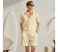 Set da 2 pezzi da uomo casual in giallo tinta unita con texture, camicia a maniche corte e pantaloncini, coordinato estivo stile Old Money da vacanza, outfit comodo, idea regalo L,M,S,XL,XXLColore uni