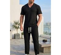 Set da 2 pezzi da uomo, con maglietta con scollo a V profondo, top con maniche e pantaloni lunghi, elegante abito alla moda in tessuto crêpe (nero, XL)