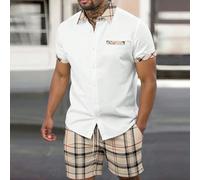Set da 2 pezzi da uomo estivo casual con camicia a maniche corte con bottoni davanti e pantaloncini a quadri, outfit estivo alla moda per uomo, formale L,M,S,XL,XXLTessuto intrecciato