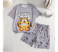 Set da 2 pezzi da uomo, include: maglietta a girocollo con grande stampa di gatto e pantaloncini con stampa all-over, completo per abbigliamento casual, moda back to school L,M,XL,XXLFumetto,Grafico,L