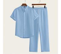 Set da 2 pezzi da uomo, set nero, una camicia a maniche corte abbinata a pantaloni lunghi, vita elastica con tasche laterali sui pantaloni, stile streetwear giovane, Ins di moda, regalo per il fidanza