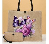 Set da 2 pezzi di borse tote con stampa farfalla rosa, in iuta con motivo alla moda, inclusa una pratica pochette portamonete, perfetta per lo shopping, i viaggi e le avventure in spiaggia, borsa mult