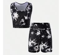 Set da 2 pezzi di canotta e pantaloncini da ciclista con stampa Tintura a nodi e schiena aperta per ragazze pre-adolescenti, adatto per yoga, giornata sportiva, ritorno a scuola 8Y,9Y,10Y,11Y,12Ystamp