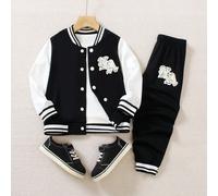 Set da 2 pezzi di giacca e pantaloni per divisa scolastica per bambini di 4-7 anni, giacca a maniche lunghe con ricamo a lettera e pantaloni sportivi casual con vita elastica, adatto per scuola, vacan