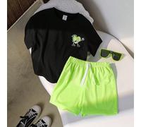 Set da 2 pezzi di maglietta a girocollo e pantaloncini casual, stile coreano, carino e comodo, minimalista e pratico, morbido, adatto a uso quotidiano, scuola, viaggio, sport, primavera/estate, San Va