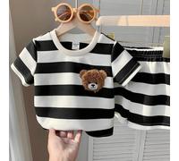 Set da 2 pezzi di maglietta a maniche corte e pantaloncini con stampa a righe e orsacchiotto per neonati maschi/femmine, comodo e adatto per uso quotidiano, sport, esterno, scuola, festa, vacanza, ser