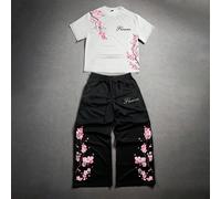 Set da 2 pezzi di maglietta e pantaloni della tuta da uomo con stampa floreale di ciliegio rosa e nero, streetwear estivo per city break, tuta oversize in stile arte giapponese L,M,S,XL,XS,XXLLettere,