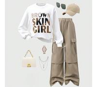 Set da 2 pezzi di outfit casual da ragazza pre-adolescente, composto da maglia bianca con stampa di lettere e pantaloni cargo color cachi, stile urban fashion 8Y,9Y,10Y,11Y,12YsloganPoliestere