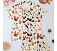 Set da 2 pezzi di pigiama estivo casual da donna, top a maniche corte con risvolto e bottoni e pantaloncini larghi ed elastici, con stampa di animali del fumetto tipo pollo, comodo e ampio, adatto per