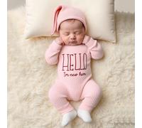 Set da 2 pezzi di tutina con cappello ricamato "HELLO" per neonati maschi e femmine, per servizi fotografici, autunnale, coordinato per tutta la famiglia, rosa e verde 0-1M,1-3MLetterePoliestere
