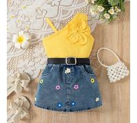Set da 2 pezzi estivo da bambina, composto da una maglietta con fiore decorativo e scollo asimmetrico color giallo e una gonna in jeans blu con stampa floreale, stile di strada dolce e carino 6-9M,9-1