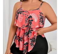 Set da 2 pezzi estivo taglie comode - Canotta corta a collo tondo con volant e stampa floreale, abbinato a shorts neri corti 0XL,1XL,2XL,3XL,4XLTropicaleTessuto