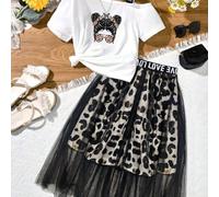 Set da 2 pezzi, gonna midi in rete nera con stampa leopardata e Maglietta chic monospalla, look estivo per ragazze adolescenti 8Y,9Y,10Y,11Y,12YBlocchi di colore,Ritratto,Leopardo,Lettere,Motivo strut
