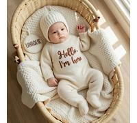 Set da 2 pezzi Hello I'm Here con ricamo grafico divertente, tutina in maglia blu navy e cappellino, outfit per fotografia neonati, accessori per servizio fotografico autunnale per neonati 0-1M,1-3MLe