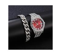 (Set da 2 pezzi in argento rosso) Orologio da polso Hip Hop in acciaio inossidabile color oro con calendario