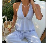 Set da 2 pezzi in cotone a righe blu con canotta con scollo a V profondo, spalline, schiena scoperta, volant all'orlo e pantaloni a vita alta a gamba dritta e ampia, adatto per donna in primavera/esta