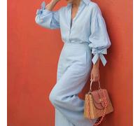 Set da 2 pezzi in misto lino azzurro chiaro da donna, blusa con maniche a palloncino e pantaloni a gamba larga, adatto per un look elegante da ospite L,M,S,XLColore unicoTessuto intrecciato