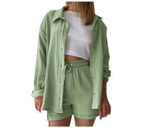 Set da 2 pezzi in mussola da donna, elegante camicia in lino, camicia e pantaloncini, set da 2 pezzi, tuta sportiva in cotone Y2k, tuta sportiva oversize, tuta per il tempo libero, a maniche corte