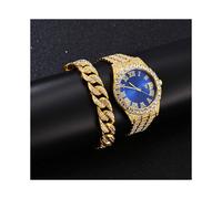 (Set da 2 pezzi in oro blu) Orologio da polso Hip Hop in acciaio inossidabile color oro con calendario