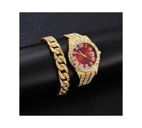 (Set da 2 pezzi in oro rosso) Orologio da polso Hip Hop in acciaio inossidabile color oro con calendario