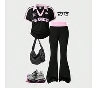 Set da 2 pezzi in stile campus Y2K, con stampa Los Angeles, top a maniche corte con colletto polo e pantaloncini a zampa, outfit sportivo retrò per adolescenti, in colore bicolore nero e rosa, adatto 