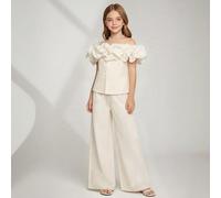 Set da 2 pezzi in stile coreano per ragazze pre-adolescenti, con dolcezza e tenerezza, orlo a campana, vita definita, pantaloni a gamba larga senza cuciture monospalla, set versatile adatto per uso qu