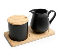 Set da 2 pezzi latte e zucchero, zuccheriera in ceramica con coperchio in bambù e cucchiaio, pratico bricco per latte in ceramica con vassoio in legno, contenitore per zucchero per cucina e tavolo da