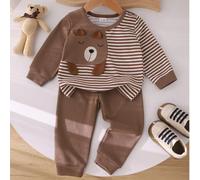 Set da 2 pezzi, maglietta a maniche lunghe morbida e comoda con motivo a righe e orso, abbinata a pantaloni a gamba dritta, completo casual per bebè maschio 9-12M,12-18M,18-24M,2-3YA strisceTessuto