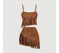 Set da 2 pezzi marrone con frange, per donna taglia comoda, outfit da festival musicale, stile western, outfit da concerto sulla , outfit da deserto, outfit da vacanza, set due pezzi, per uscire 0XL,1