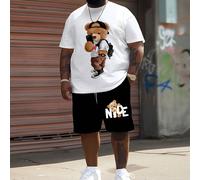 Set da 2 pezzi oversize "Cool Bear" | T-shirt con stampa di cuffia e zaino a forma di orso + pantaloncini neri "NICE" con stampa di orso, stile casual americano da strada, set estivo a 2 pezzi 1XL,2XL