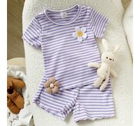 Set da 2 pezzi per bambine, composto da maglietta a maniche corte in maglia e pantaloncini, per primavera/estate. Maglietta a righe con ricamo floreale adorabile e pantaloncini abbinati, adatto per us