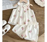 Set da 2 pezzi per bambine con top in chiffon senza maniche con ricamo floreale e fiocco, e pantaloncini, dolce ed energico per il gioco all'aperto in estate 6-9M,9-12M,12-18M,18-24M,2-3Y,3-6MPianteCh