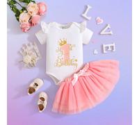 Set da 2 pezzi per bambine, outfit elegante e carino per il primo compleanno, body con stampa divertente "My First Birthday" e gonna in tulle, adatto per uscite, neonati, feste di compleanno, fotograf