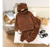 Set da 2 pezzi per bambini e ragazzi, felpa con cappuccio e pantaloni della tuta invernali coordinati per la famiglia, casual, accoglienti, soffici, con toppe orecchie da orso, in pile spesso, outfit 