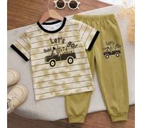Set da 2 pezzi per bambini maschi, maglietta a maniche corte casual e sportiva con pantaloni lunghi, comodo e semplice, stampa a righe classiche, stampa carina di orsetto che guida l'auto, adatto per 