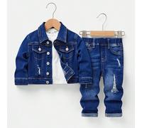 Set da 2 pezzi per bambino maschio, giacca di jeans con colletto a revers e maniche lunghe strappate e frangiate, e jeans skinny blu strappati e frangiali, versatile per l'abbigliamento autunnale e pe
