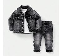 Set da 2 pezzi per bambino maschio, giacca di jeans nera casual e consumata con bavero, maniche lunghe, e jeans skinny a vita alta con risvolto, set casual e versatile per abbigliamento quotidiano aut