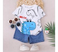 Set da 2 pezzi per bebè maschi primavera/estate - maglietta a maniche corte con collo rotondo e stampa casual di dinosauro colorato "CIAO", abbinata a pantaloncini di jeans classici, per uno stile ado