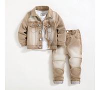 Set da 2 pezzi per bimbo/bambino piccolo: giacca di jeans kaki con colletto, maniche lunghe e effetto vissuto + jeans skinny a vita alta e polsini, casual e versatile per outfit da bambino casual 6-9M